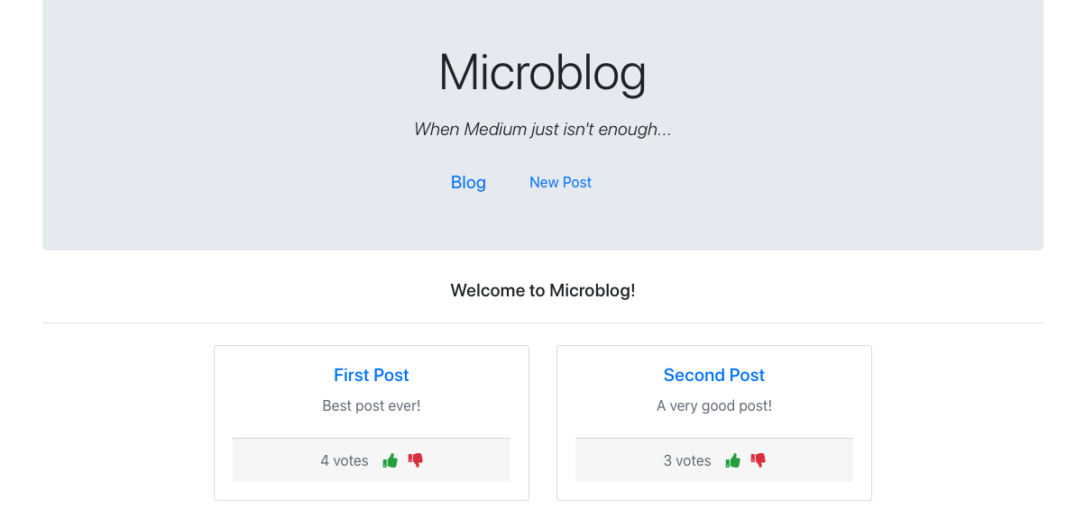 Microblog Screenshot - built with React and Redux in the frontend